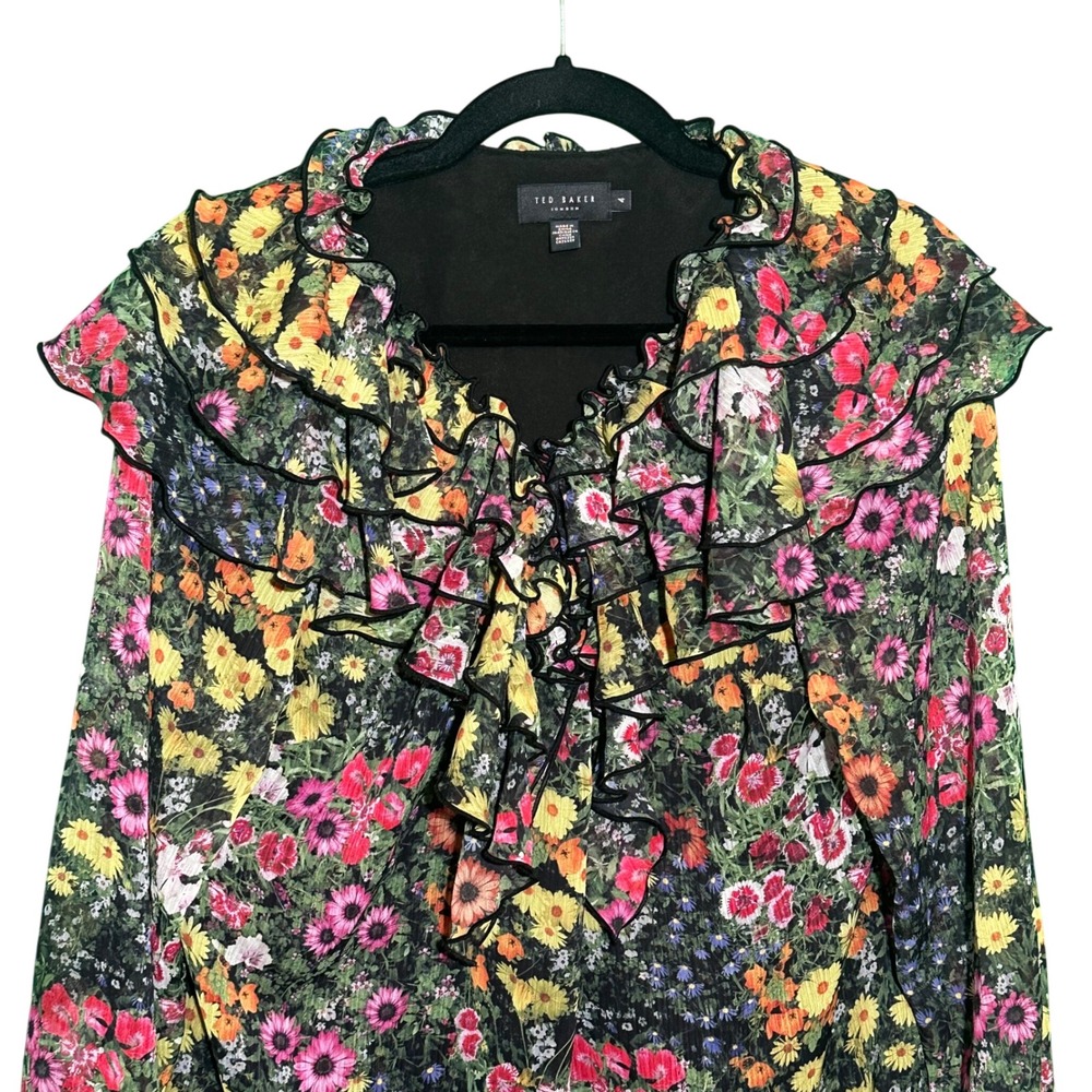 Ted Baker Amell Floral Ruffle Blouse Black Garden Print‎ Cottagecore Sz 4 US 10 - Picture 11 of 16